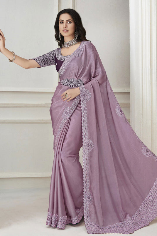 Lavender Color Pashmina Fabric Special Saree With Embroidered Work