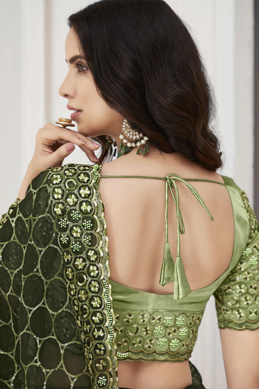 Mehendi Green Color Tissue Fabric Coveted Saree With Embroidered Work