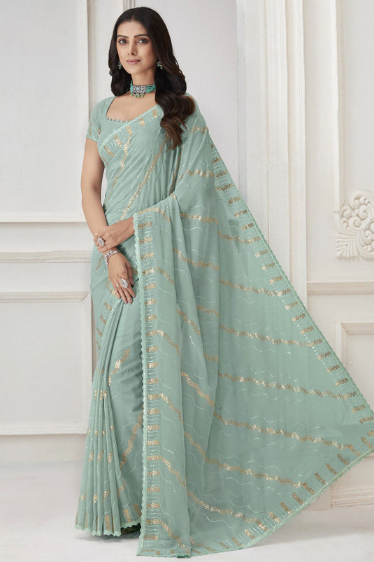 Georgette And Chiffon Fabric Light Cyan Color Excellent Saree With Embroidered Work