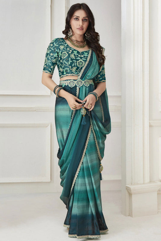 Embroidered Work On Multi Color Satin And Chiffon Fabric Princely Saree
