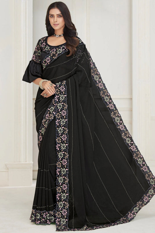 Georgette Fabric Black Color Patterned Saree With Embroidered Work