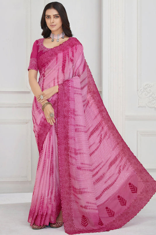 Pink Color Georgette And Chiffon Fabric Engaging Saree With Embroidered Work