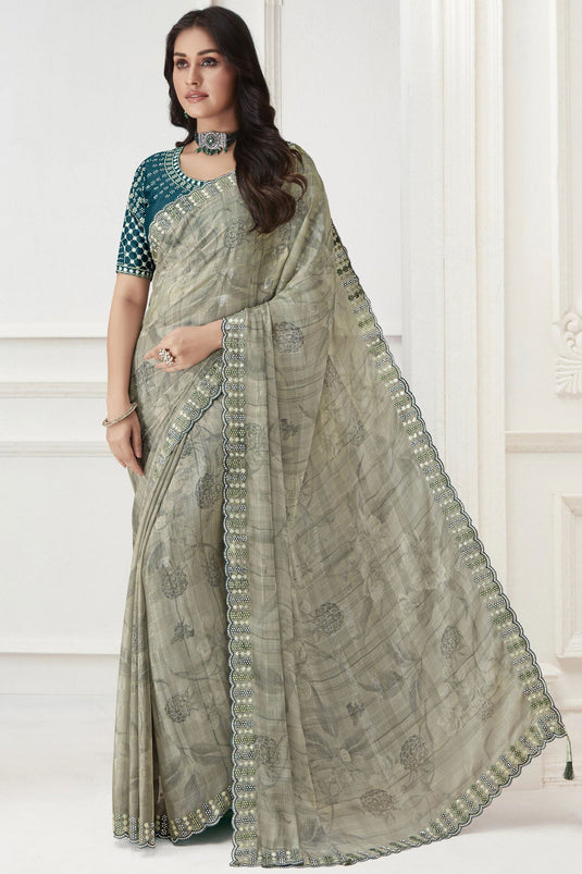 Embroidered Work On Cream Color Sober Saree In Satin And Chiffon Fabric