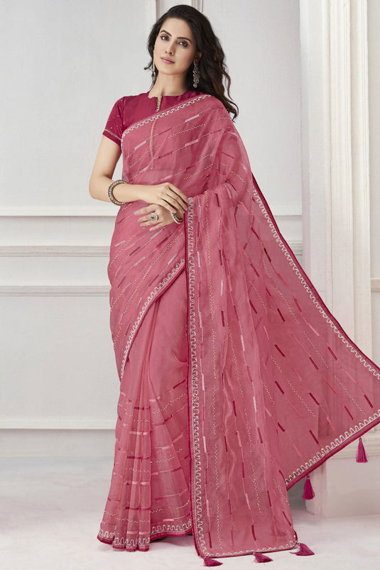 Pink Color Embroidered Work On Kora Silk Fabric Stunning Saree
