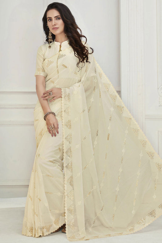 Tempting Georgette Fabric Off White Color Saree With Embroidered Work