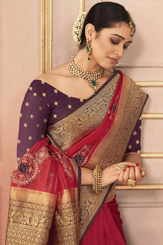 Red Color Gorgeous Sangeet Function Silk Saree With Embroidered Work