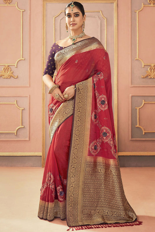 Red Color Gorgeous Sangeet Function Silk Saree With Embroidered Work