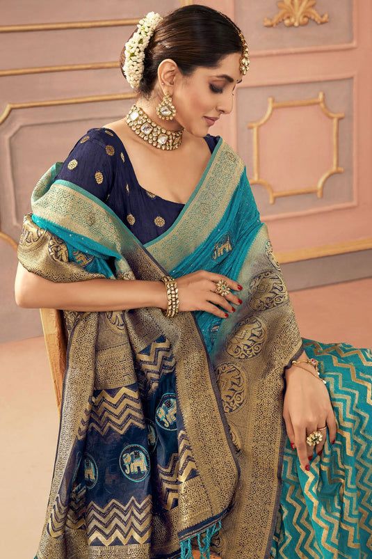 Cyan Color Embroidered Work Pleasant Sangeet Function Silk Saree