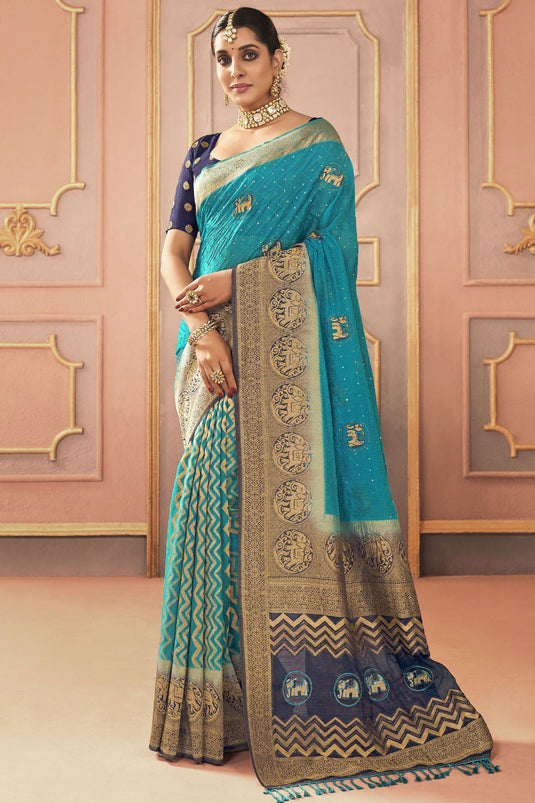 Cyan Color Embroidered Work Pleasant Sangeet Function Silk Saree
