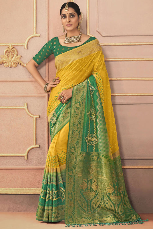 Embroidered Work Imposing Sangeet Function Silk Saree In Mustard Color