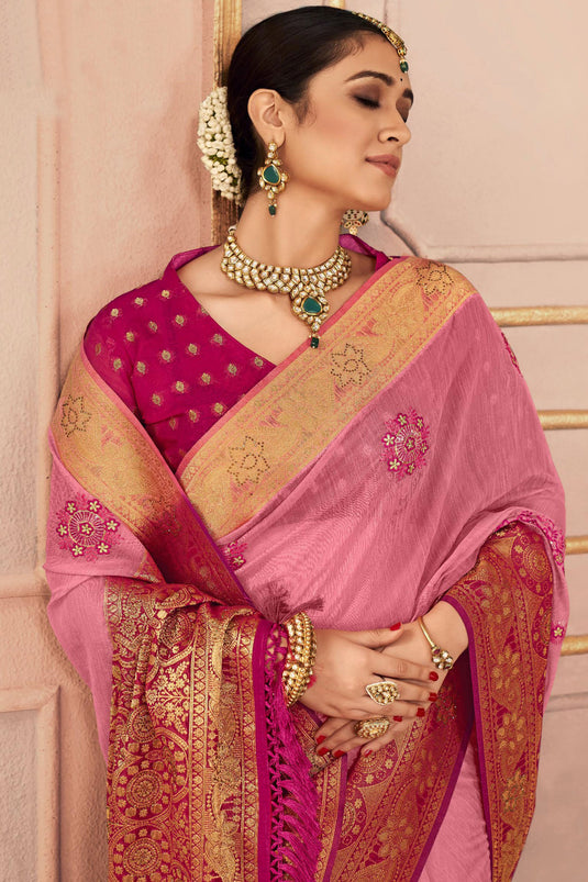 Embroidered Work Soothing Sangeet Function Silk Saree In Pink Color
