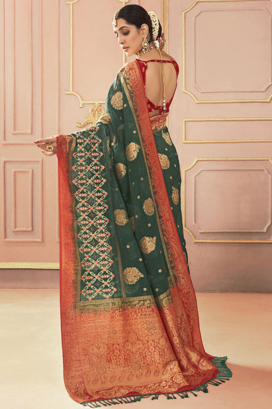 Dark Green Color Glorious Sangeet Function Silk Saree With Embroidered Work