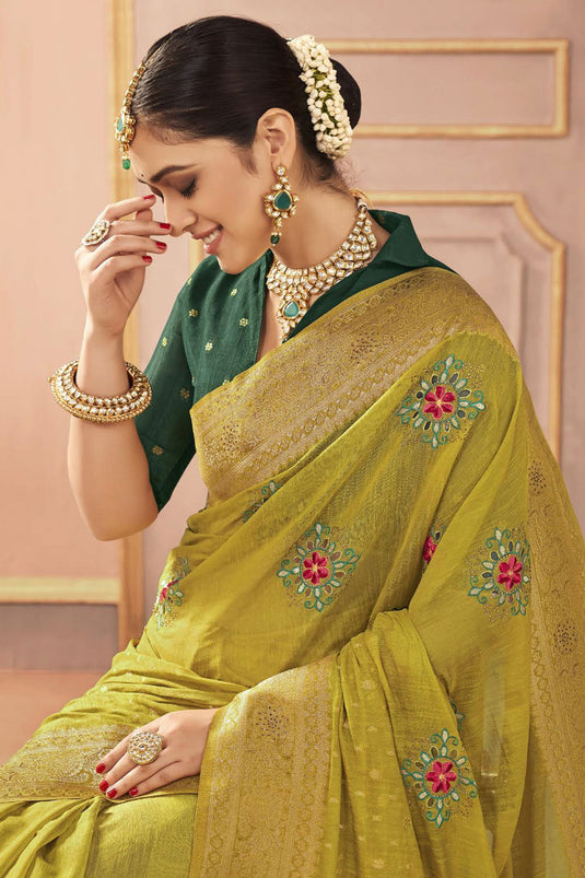 Delicate Yellow Color Embroidered Work Sangeet Function Silk Saree