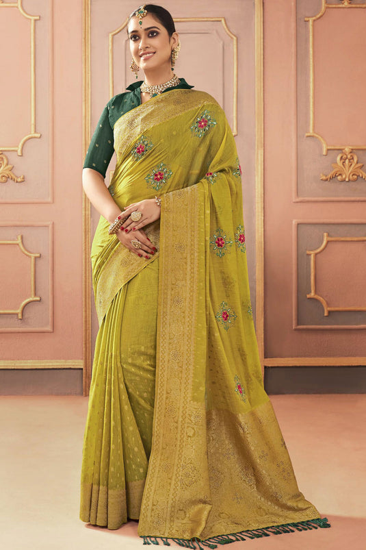 Delicate Yellow Color Embroidered Work Sangeet Function Silk Saree