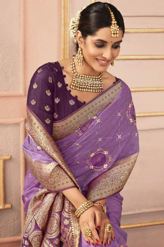 Blazing Lavender Color Embroidered Work Sangeet Function Silk Saree