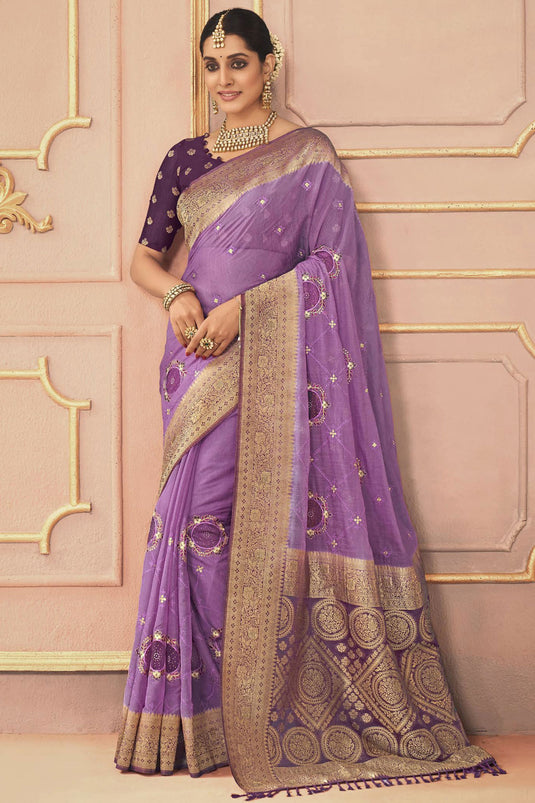 Blazing Lavender Color Embroidered Work Sangeet Function Silk Saree