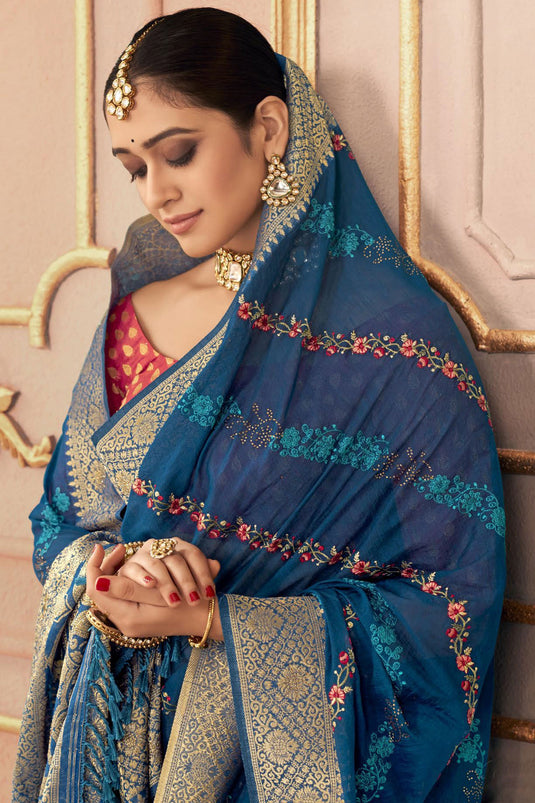 Blue Color Embroidered Work Glamorous Sangeet Function Silk Saree