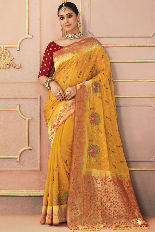 Yellow Color Exquisite Embroidered Work Sangeet Function Silk Saree
