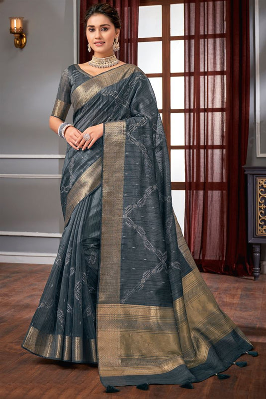 Grey Color Linen Fabric Admirable Weaving Work Saree In Function Wear