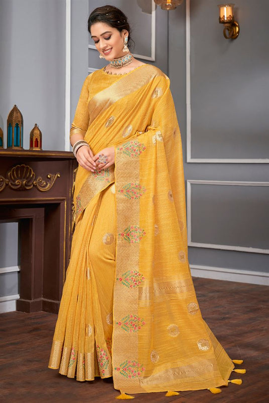 Linen Fabric Function Wear Stylish Weaving Work Saree In Yellow Color