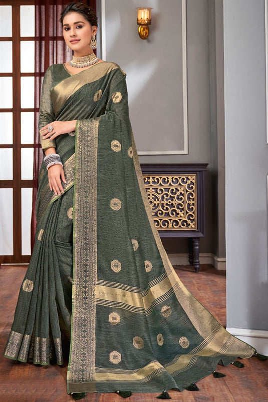 Linen Fabric Olive Color Function Wear Solid Weaving Work Saree