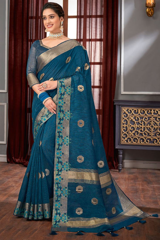 Function Wear Linen Fabric Radiant Teal Color Weaving Work Saree