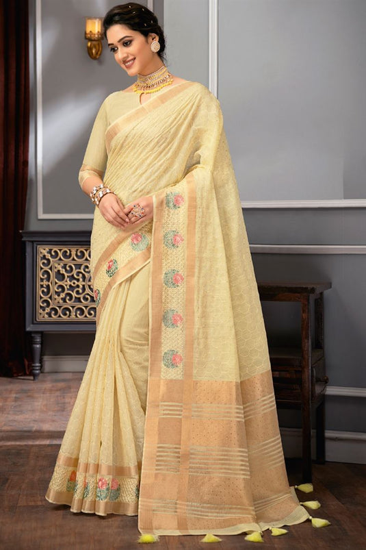 Beige Color Linen Fabric Function Wear Fetching Weaving Work Saree