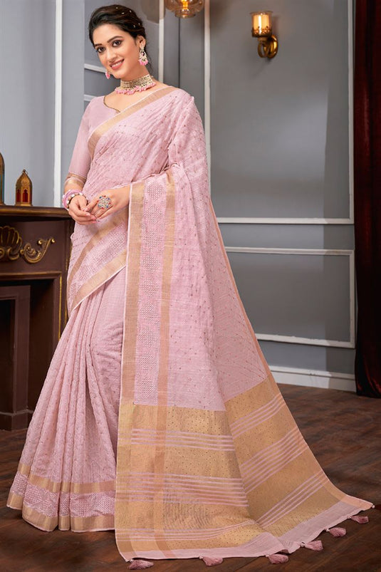 Function Wear Linen Fabric Pink Color Intricate Weaving Work Saree
