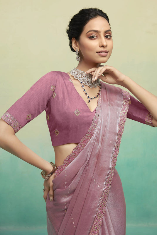 Pink Color Lace Border Work Chiffon Fabric Saree With Embroidered Blouse