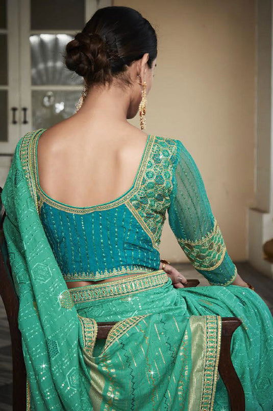 Festive Wear Sea Green Color Silk Fabric Saree With Embroidered Designer Blouse
