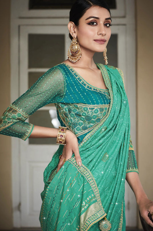 Festive Wear Sea Green Color Silk Fabric Saree With Embroidered Designer Blouse