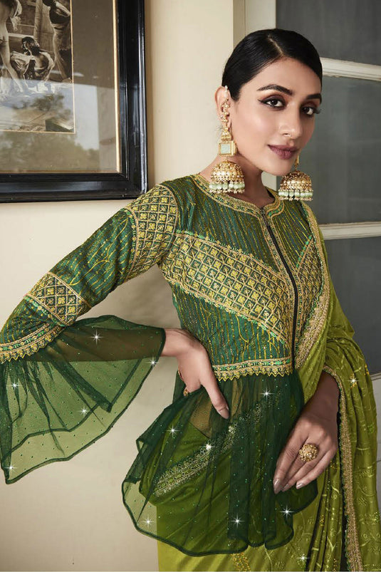 Green Color Silk Fabric Festive Wear Saree With Embroidered Designer Blouse