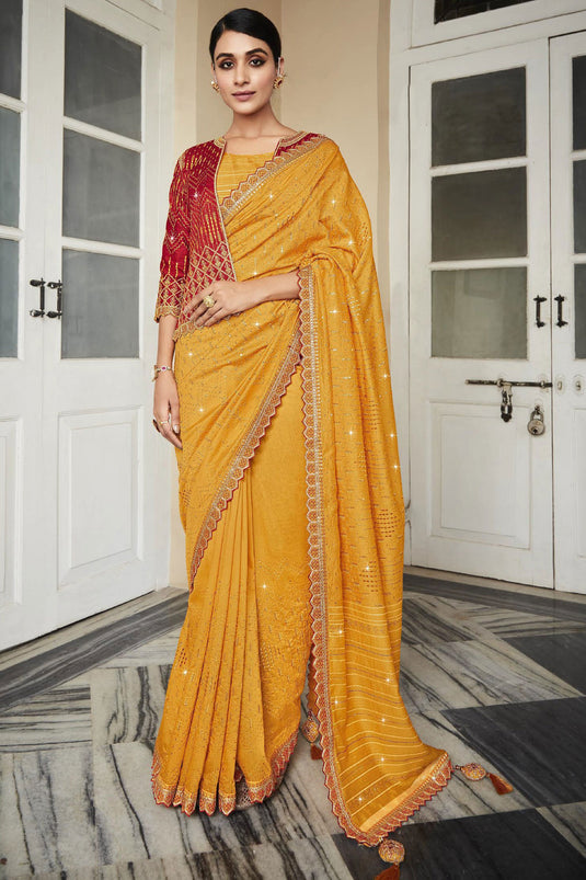 Silk Fabric Yellow Color Saree With Embroidered Designer Blouse