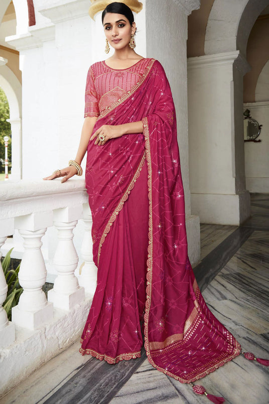 Rani Festive Wear Silk Fabric Saree With Embroidered Designer Blouse