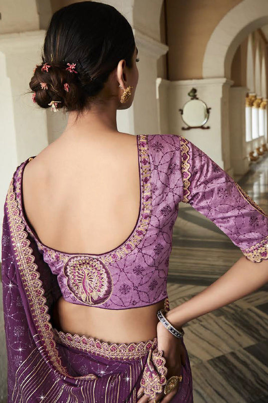 Purple Color Silk Fabric Festive Wear Saree With Embroidered Designer Blouse
