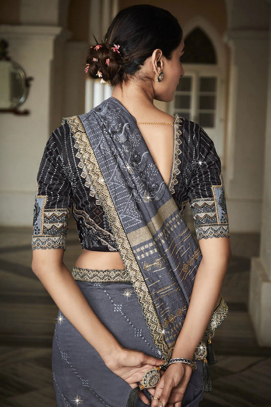 Grey Color Festive Wear Silk Fabric Trendy Saree With Embroidered Designer Blouse