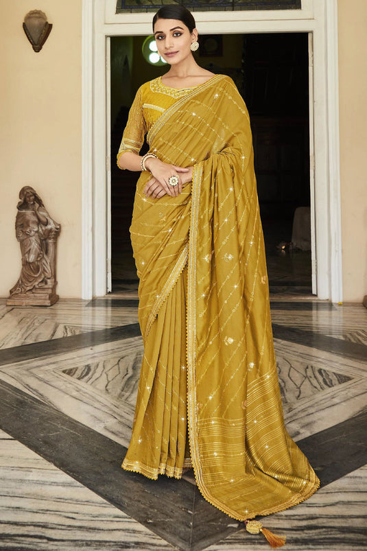 Mustard Color Organza Fabric Party Wear Saree With Embroidered Designer Blouse