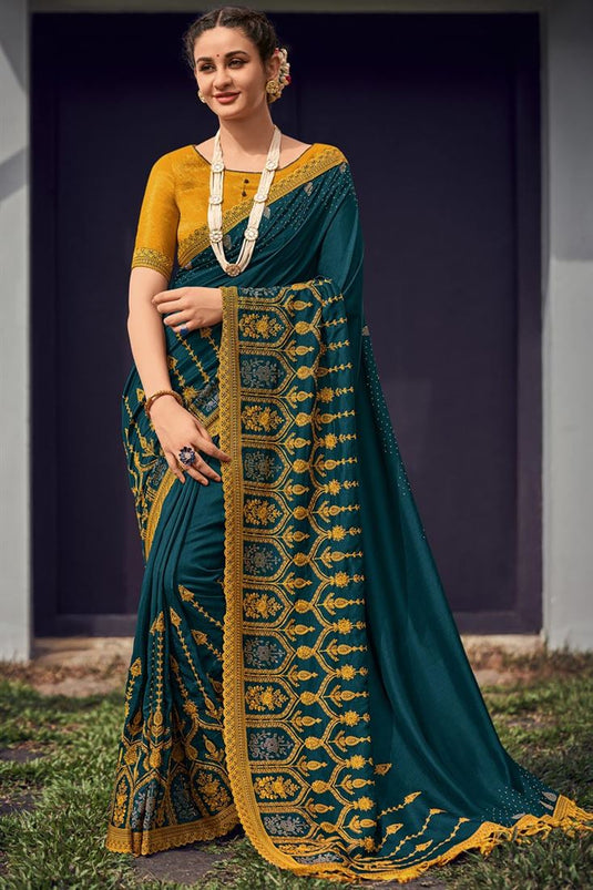 Party Wear Teal Color Chic Art Silk Fabric Thread Embroidered Saree