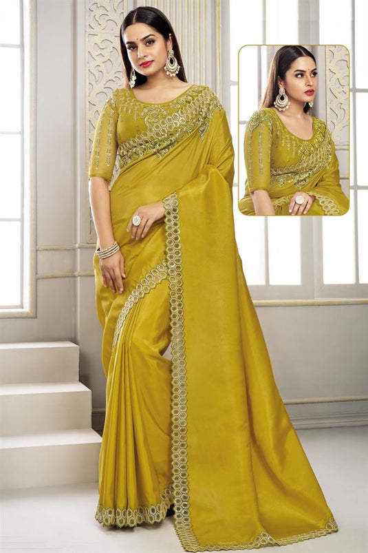 Dazzling Mustard Color Sequins Work Polyester Saree