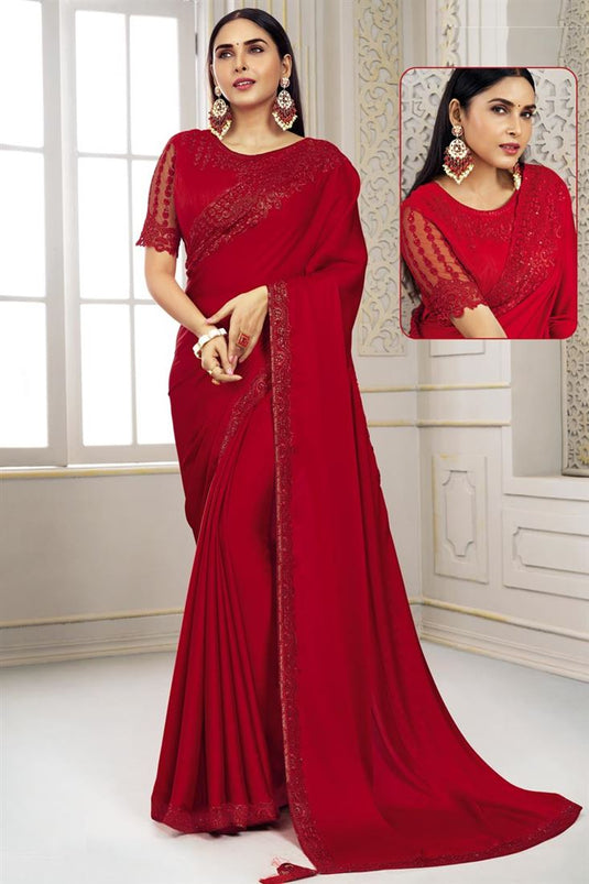 Creative Sequins Work Polyester Saree In Red Color