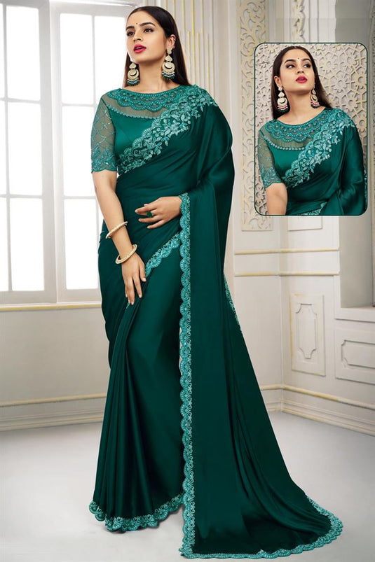 Marvellous Sequins Work Polyester Saree In Teal Color