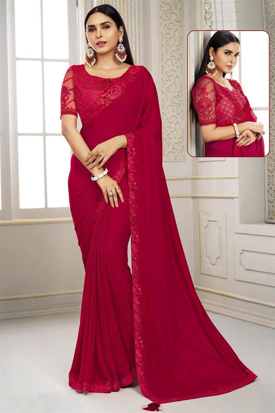 Excellent Red Sequins Work Polyester Saree