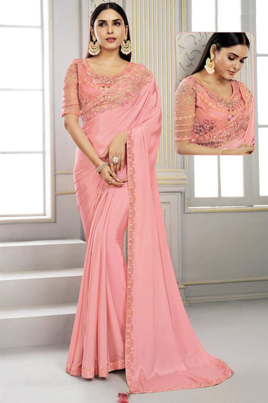 Beguiling Pink Color Sequins Work Polyester Saree