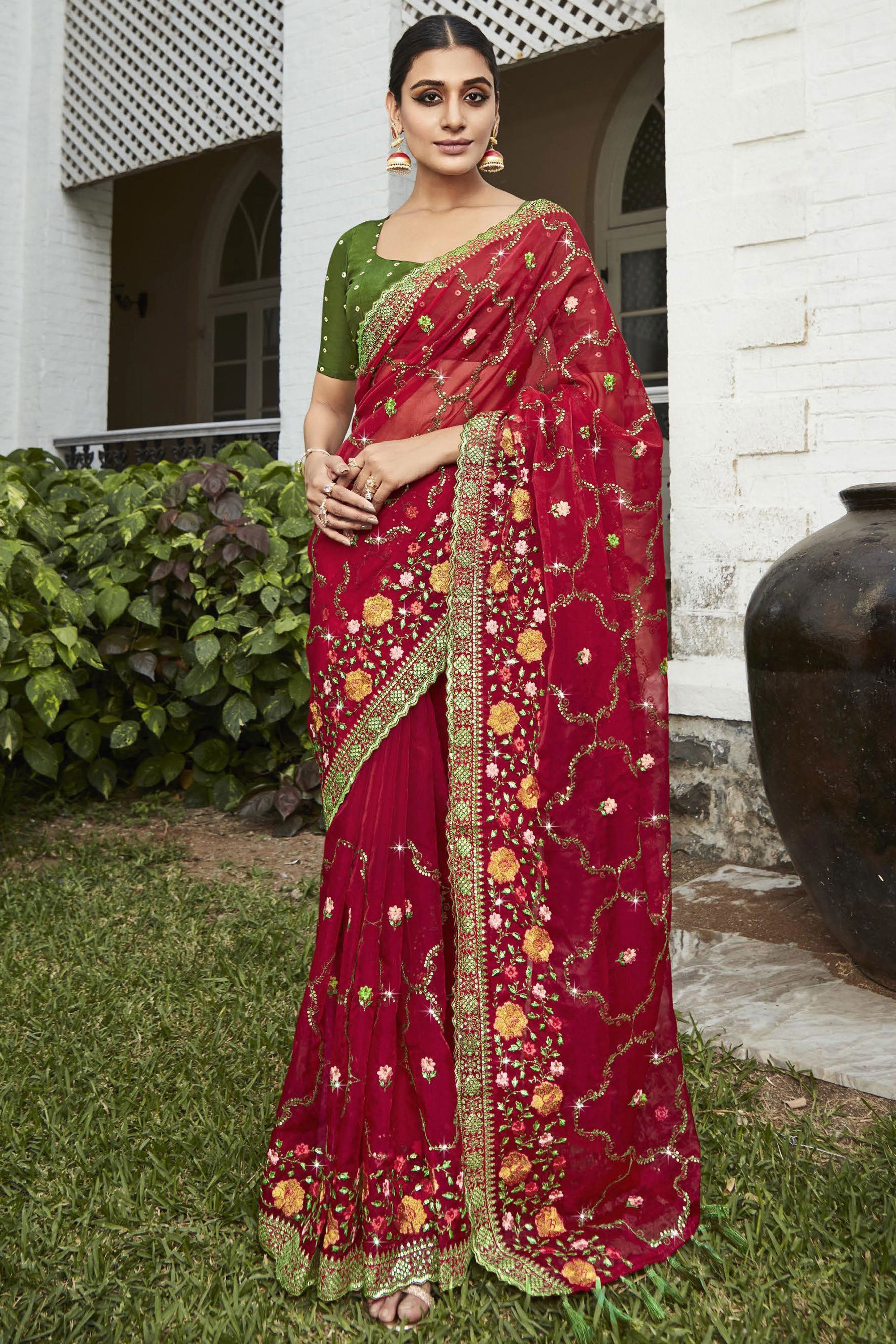 Zardozi Work Red Wedding Party Wear Saree, Saree Length: 6.30, With Blouse  at Rs 1320 in Surat