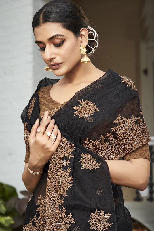 Embroidered And Stone Work Party Style Vivacious Organza Saree In Black Color