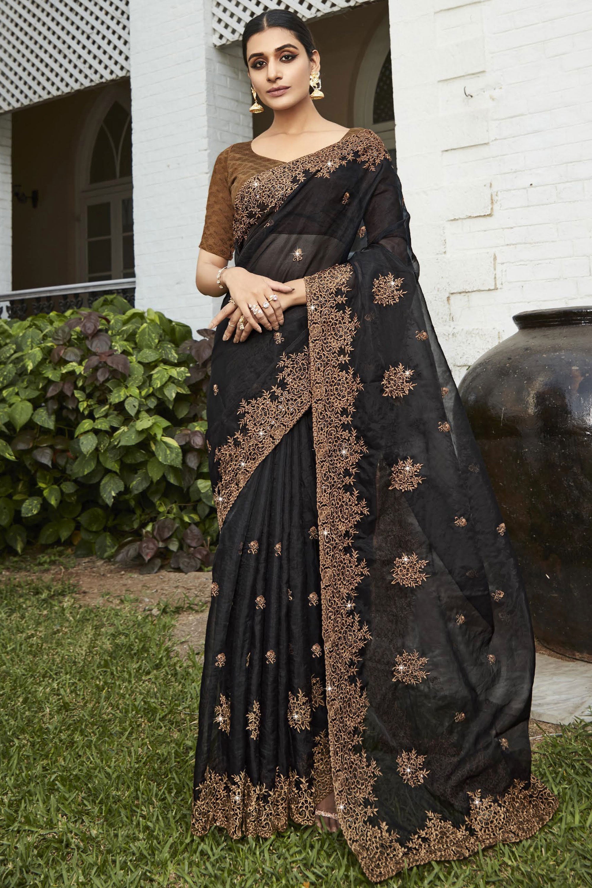 Engagement, Reception, Wedding Black and Grey color Georgette fabric Saree  : 1890886