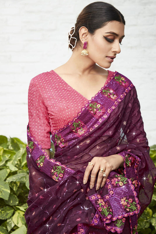 Embroidered And Stone Work Party Style Mesmeric Organza Saree In Wine Color
