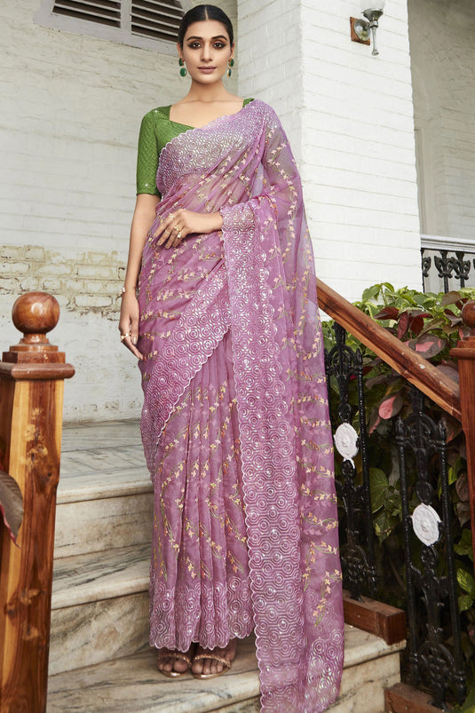 Purple Color Embroidered And Stone Work Party Style Adroit Organza Saree