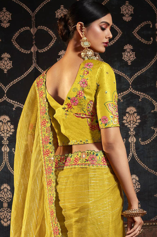 Beguiling Border Work On Yellow Color Organza Fabric Saree