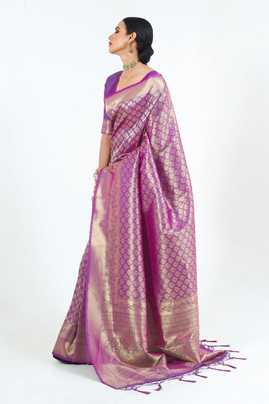 Purple Color Winsome Pure Weaving Silk Saree With Handloom Pallu